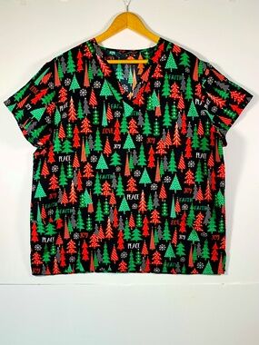 Cassandra O Christmas Tree Snowflake Nursing Scrub Top V-Neck Festive Black Red
